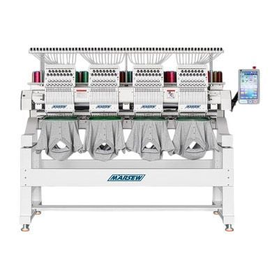 Máquina de bordar industrial multicabezal con estructura blanca y panel de control táctil a color.