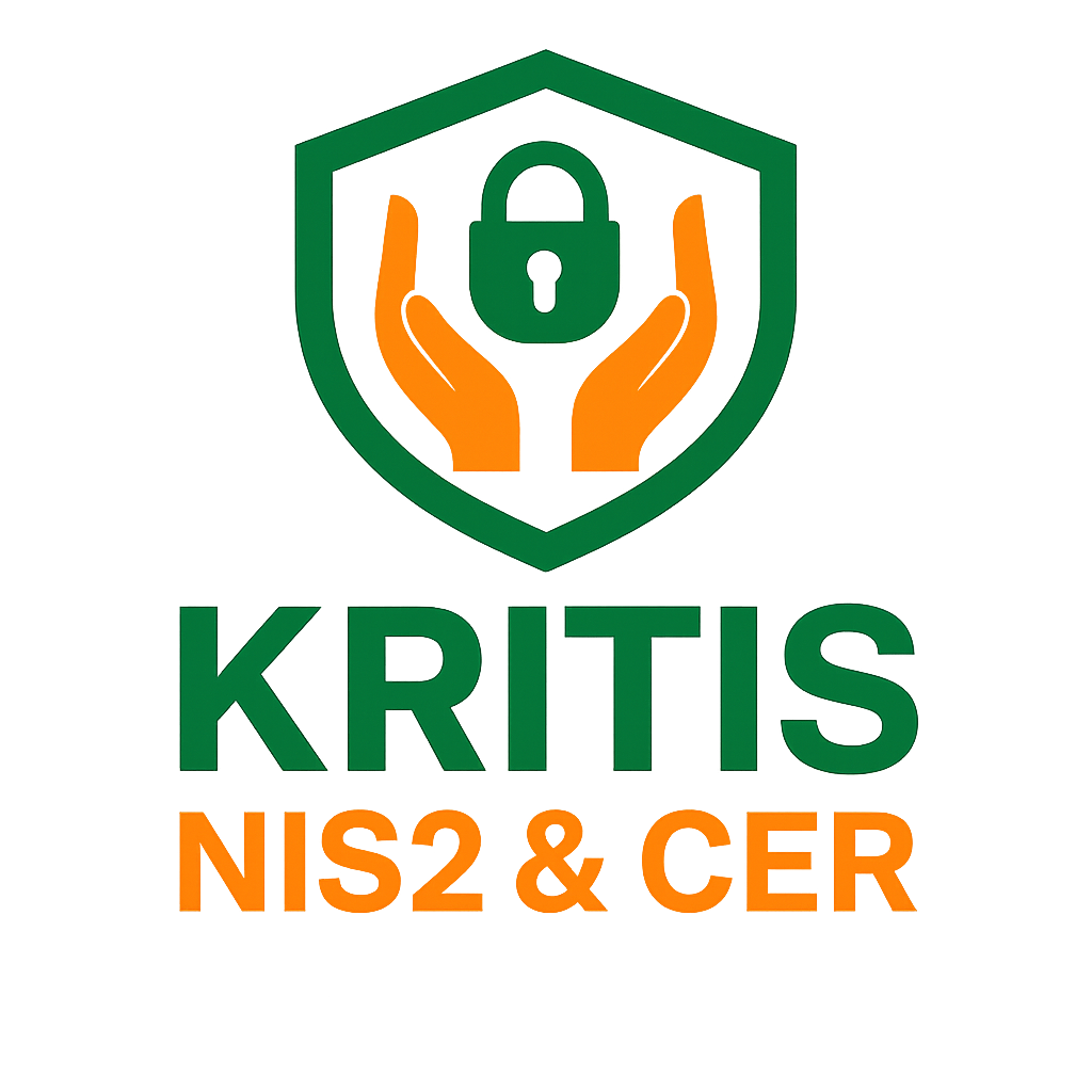 Ein Logo, das zwei orangefarbene Hände zeigt, die ein grünes Vorhängeschloss in einem grünen Schild schützen, darunter die Aufschriften „KRITIS“ und „NIS2 & CER“.