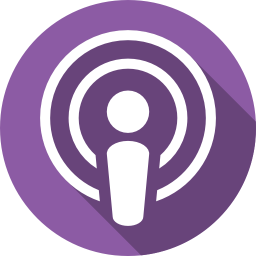 Ein Podcast-Symbol mit einem langen Schatten auf einem violetten Kreis