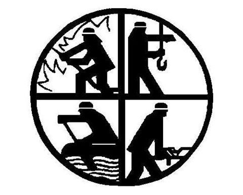 Eine schwarz-weiße Silhouette von vier Feuerwehrmännern in einem Kreis.