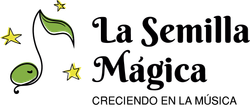 Un logotipo para la semilla mágica con una semilla verde y estrellas.