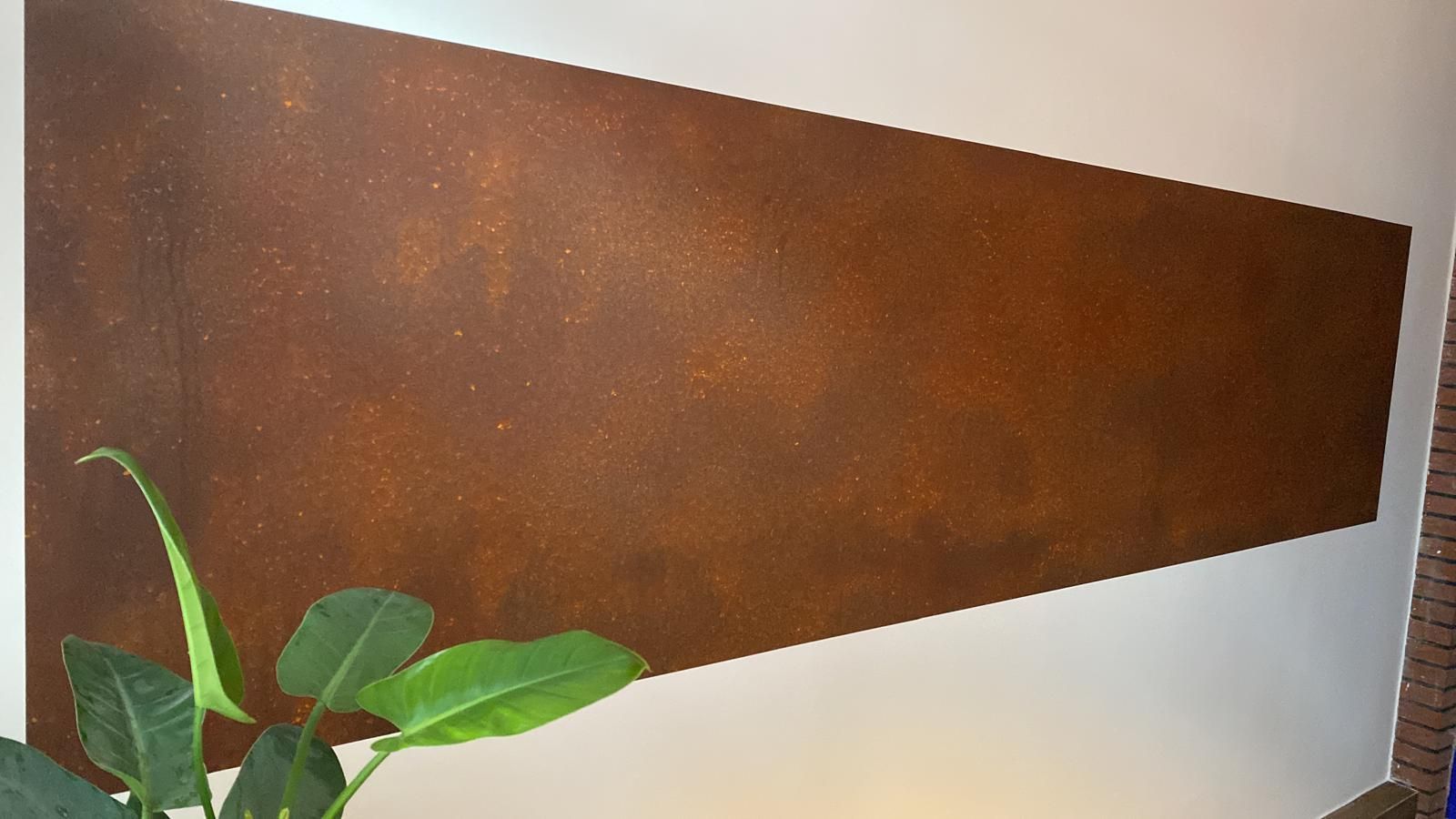 Vor einer braunen Wand steht eine Pflanze.