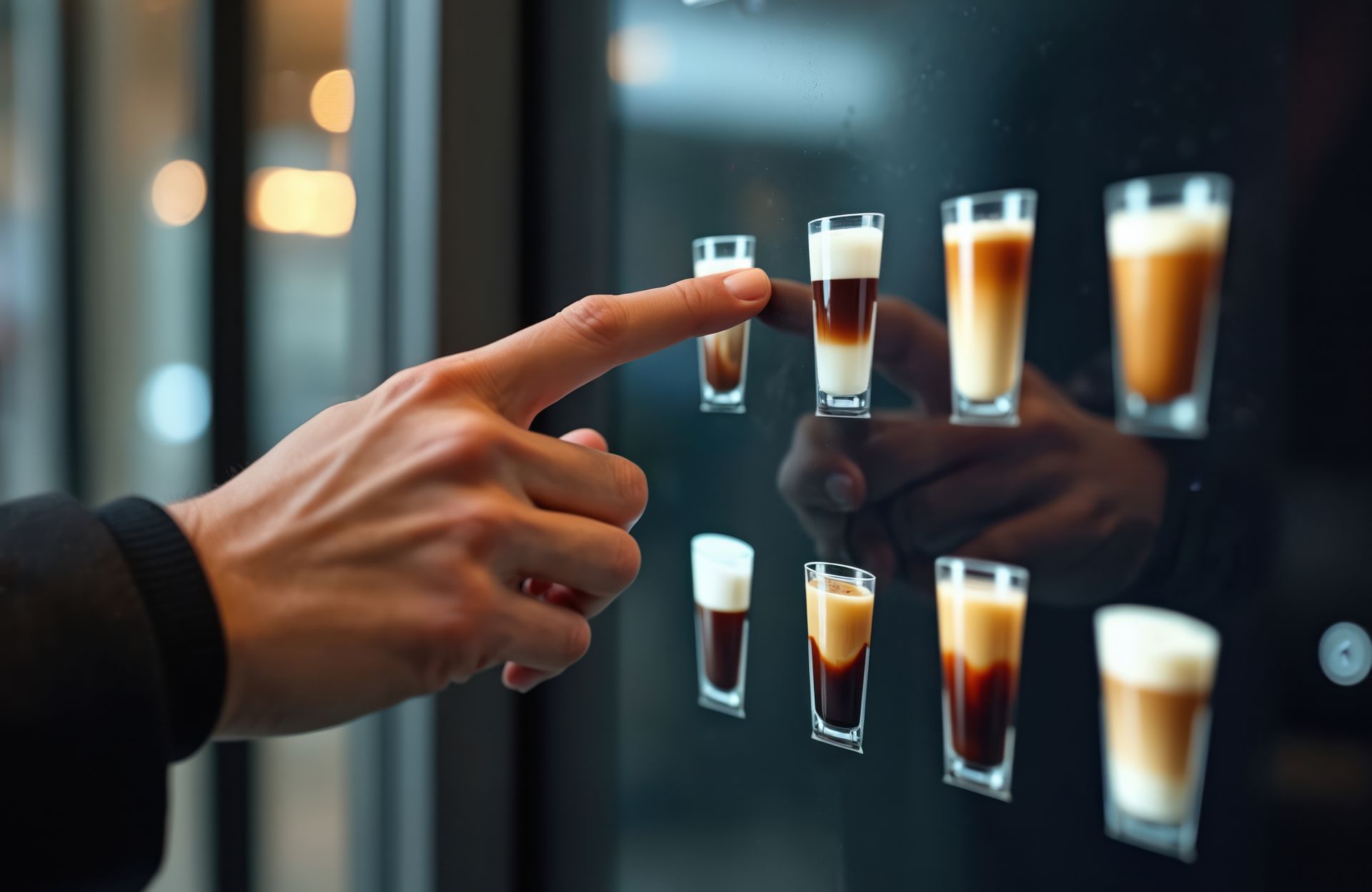 La main d'une personne touche l'écran d'une borne numérique affichant une sélection de boissons à base de café.