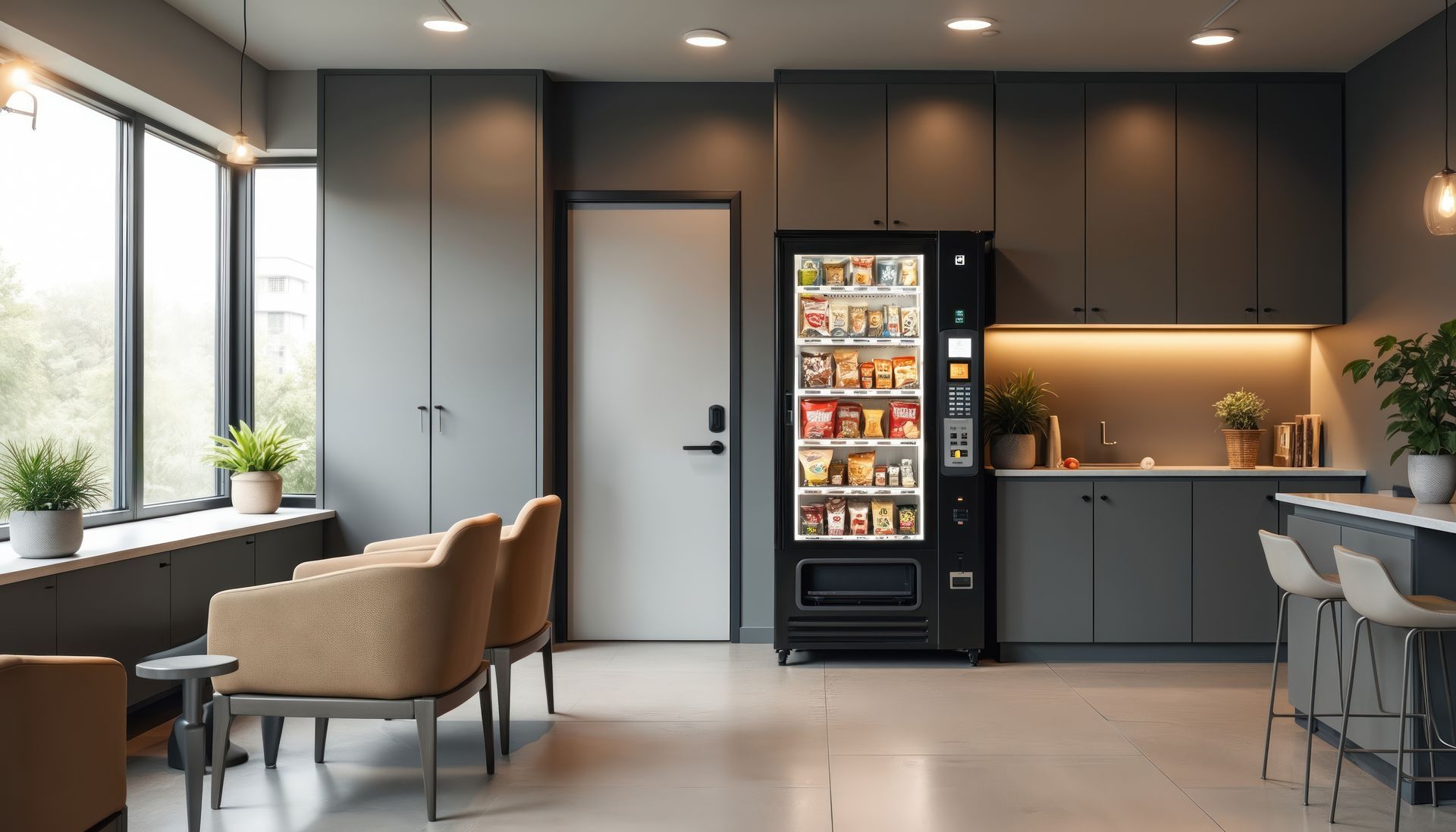 Une salle de pause avec un distributeur automatique.