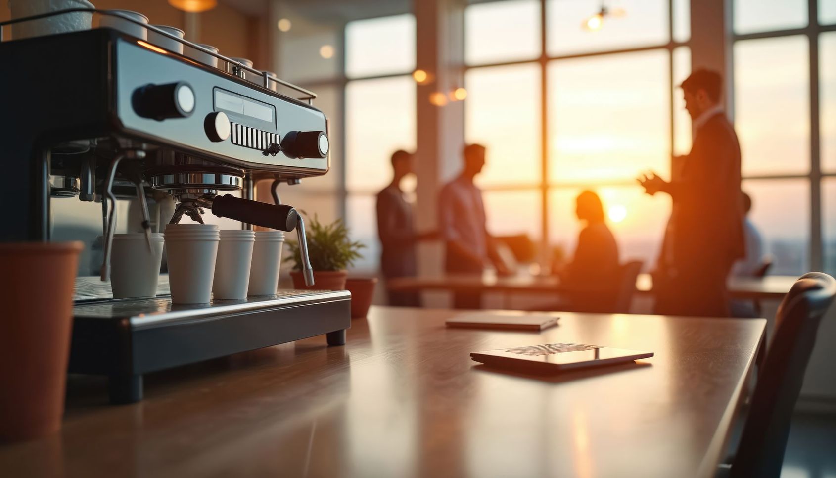 Un coin de café est installé sur une table en bois.