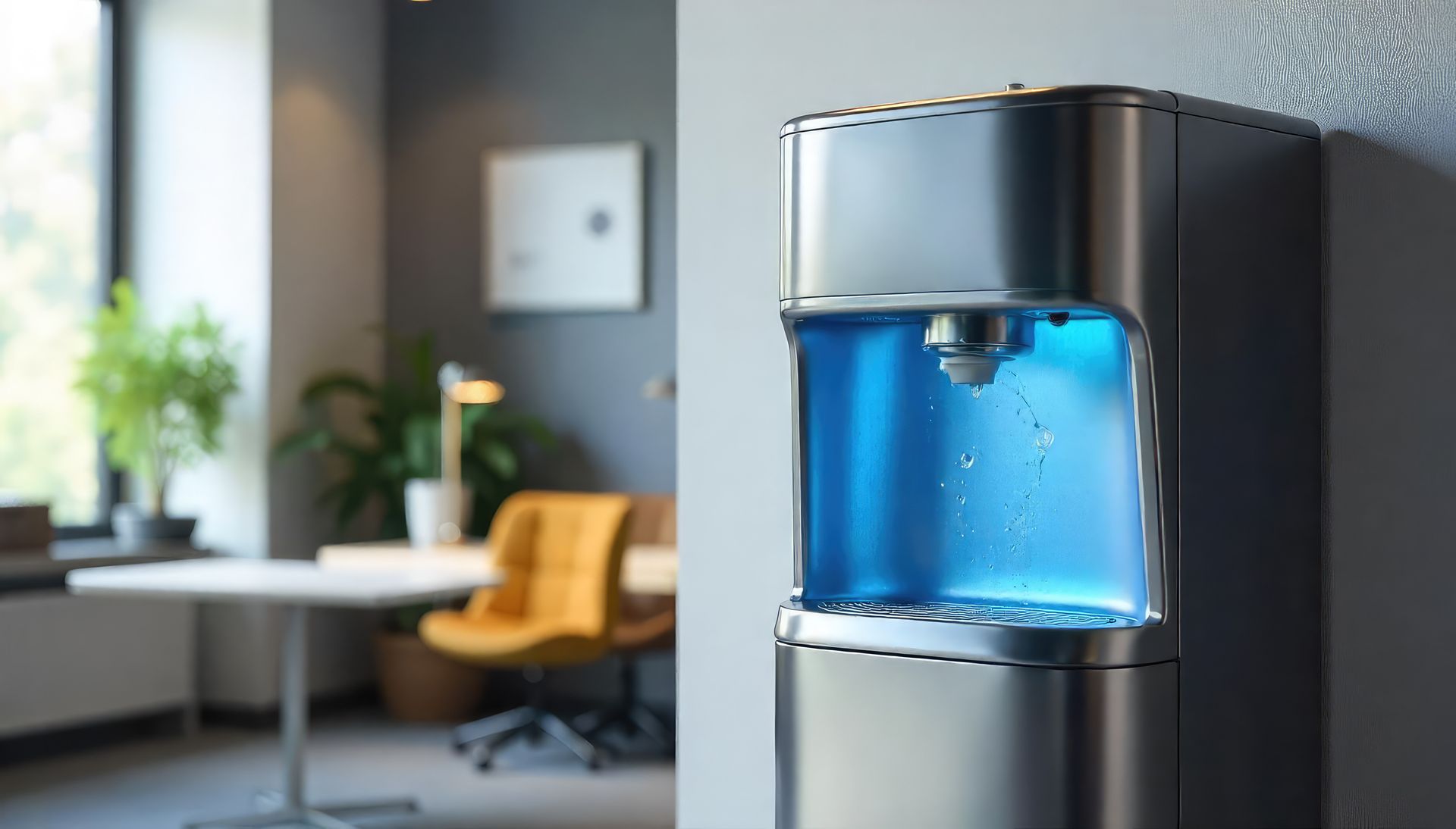 Dans un bureau moderne à l'éclairage tamisé, une fontaine à eau en acier inoxydable diffuse une lumière bleue douce.