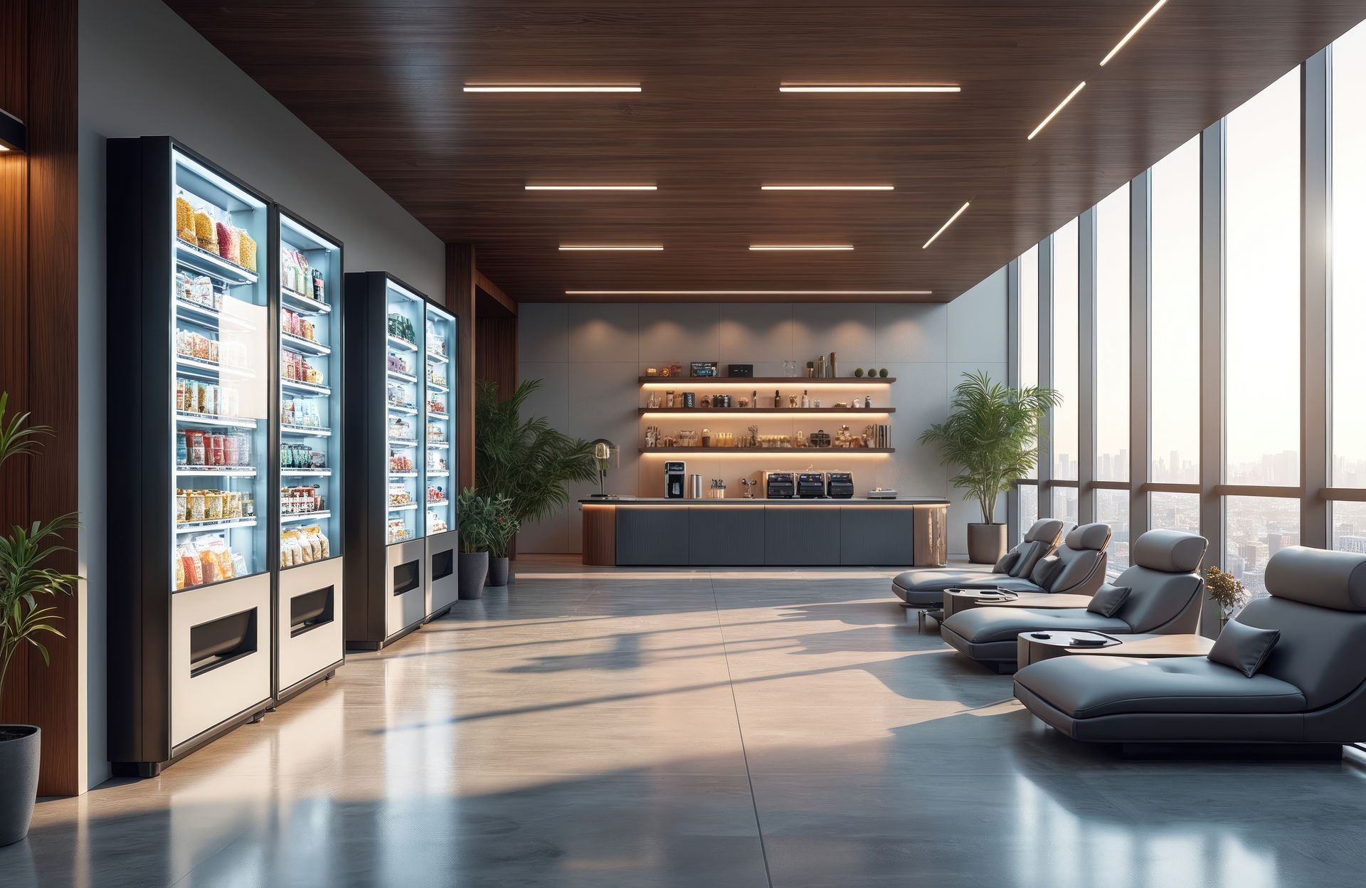 Salle de pause moderne avec distributeurs automatiques en verre.