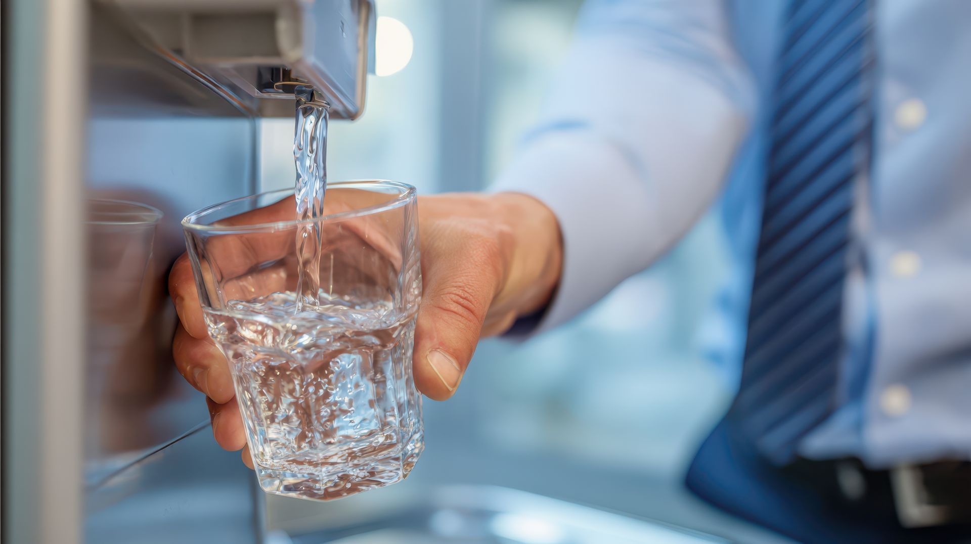Une personne en chemise et cravate tient un verre transparent sous une fontaine à eau et le remplit d'eau.