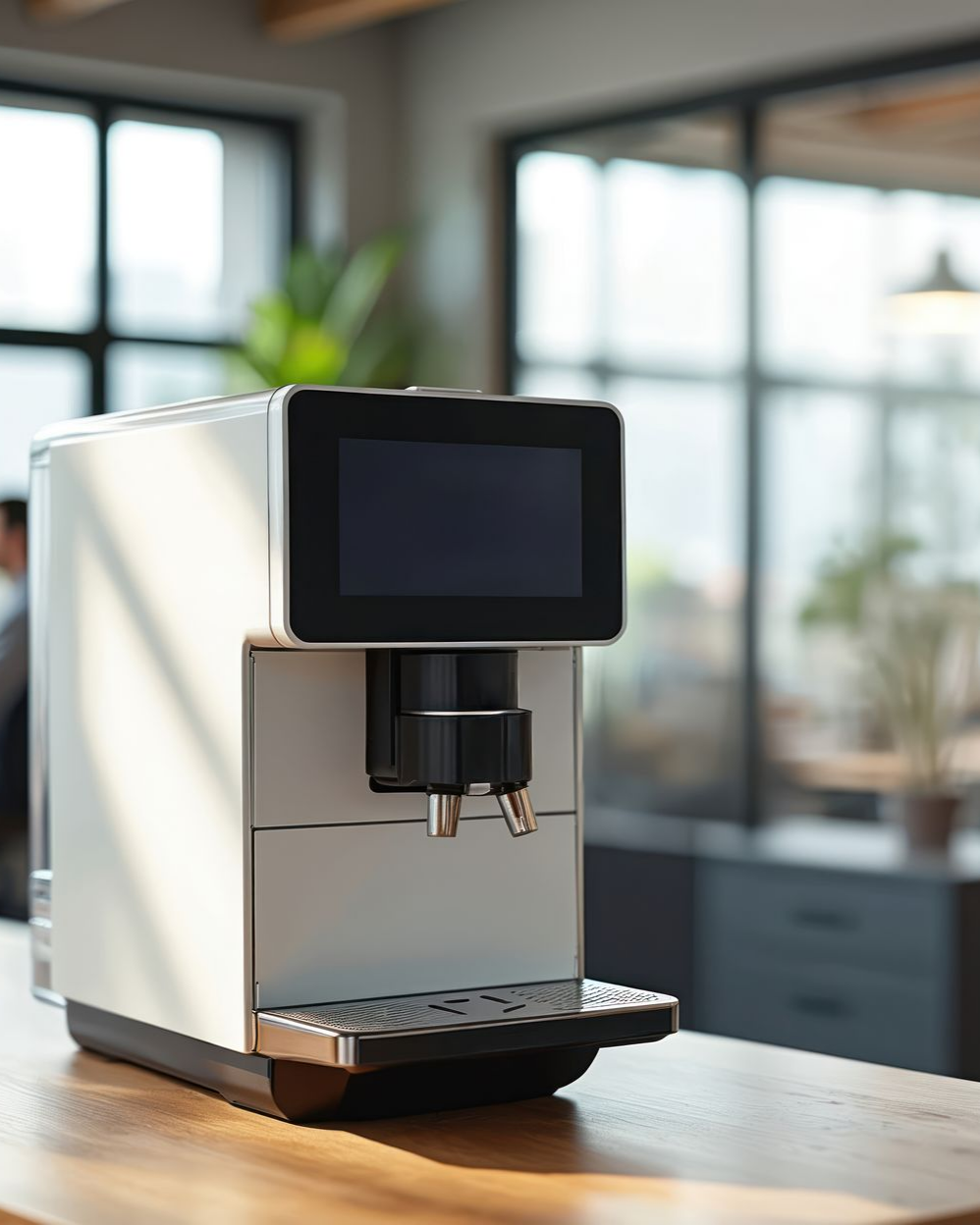 Une machine à café automatique blanche et moderne, dotée d'un écran tactile noir.