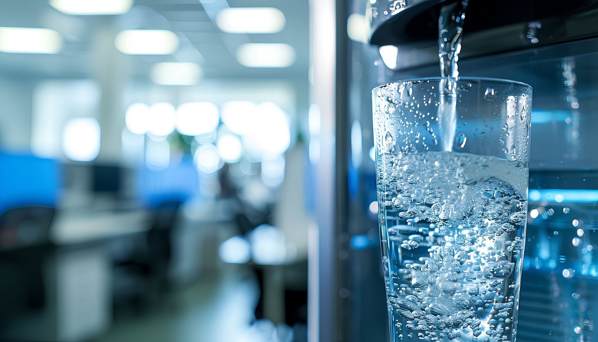 Gros plan sur un verre transparent rempli d'eau gazeuse provenant d'un distributeur.