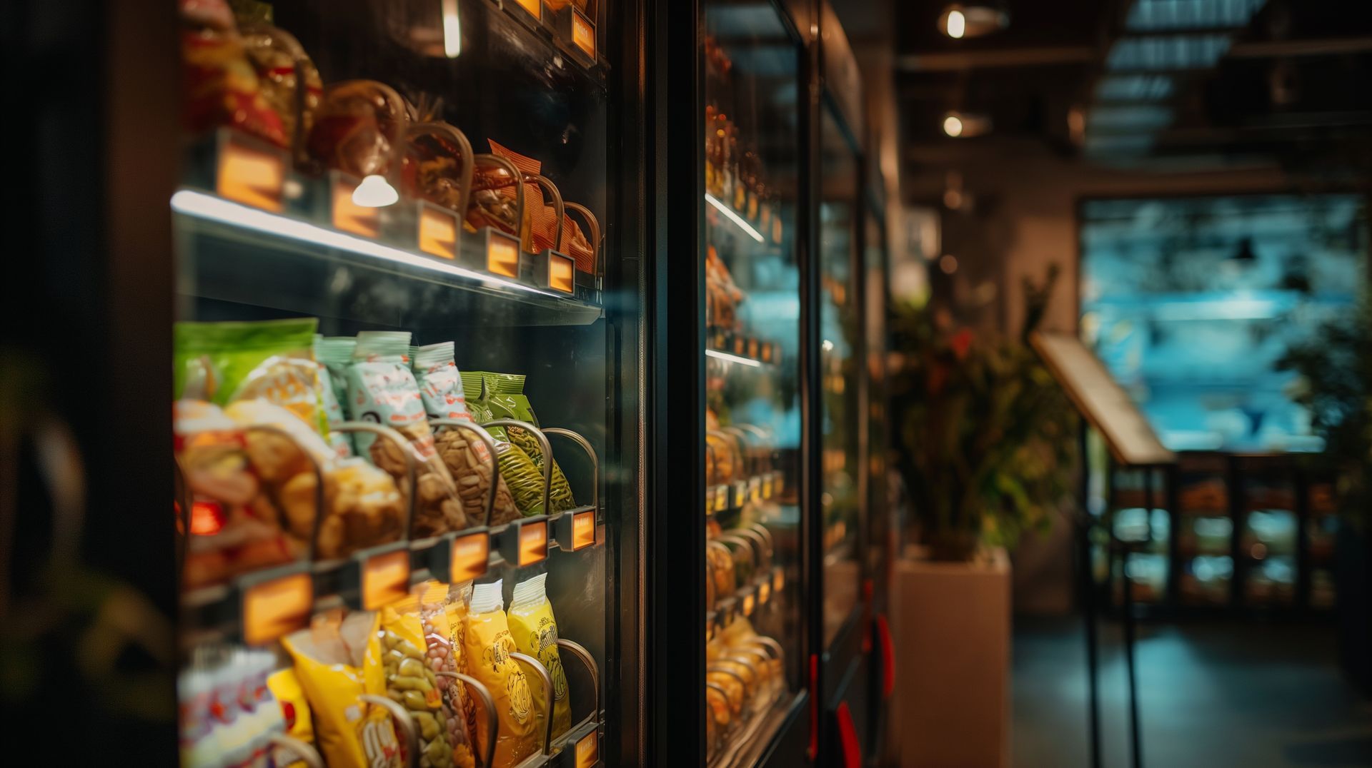 Vitrines réfrigérées à façade vitrée remplies de snacks et de pâtisseries.