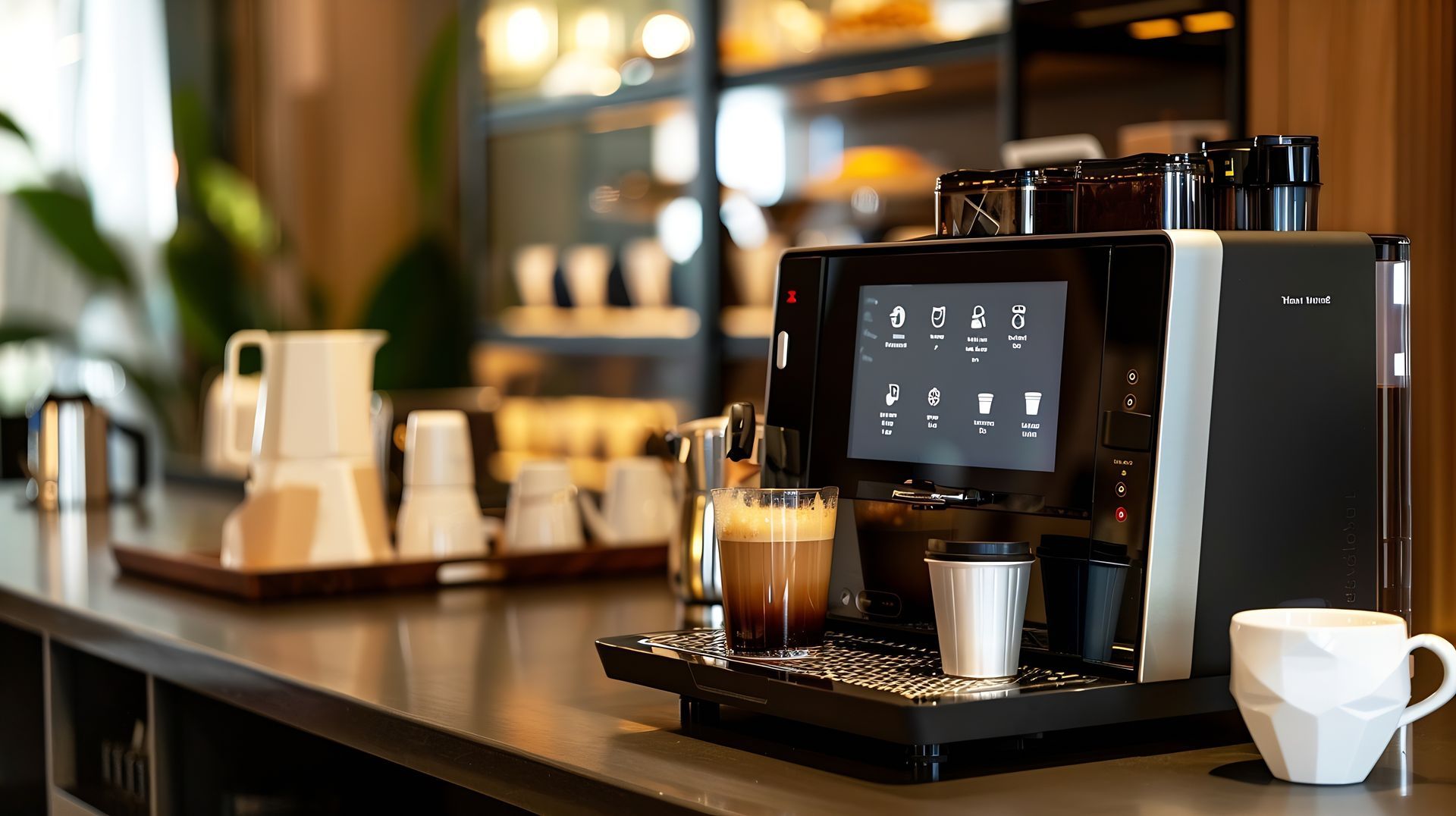 Une machine à café moderne à écran tactile noir et argent.