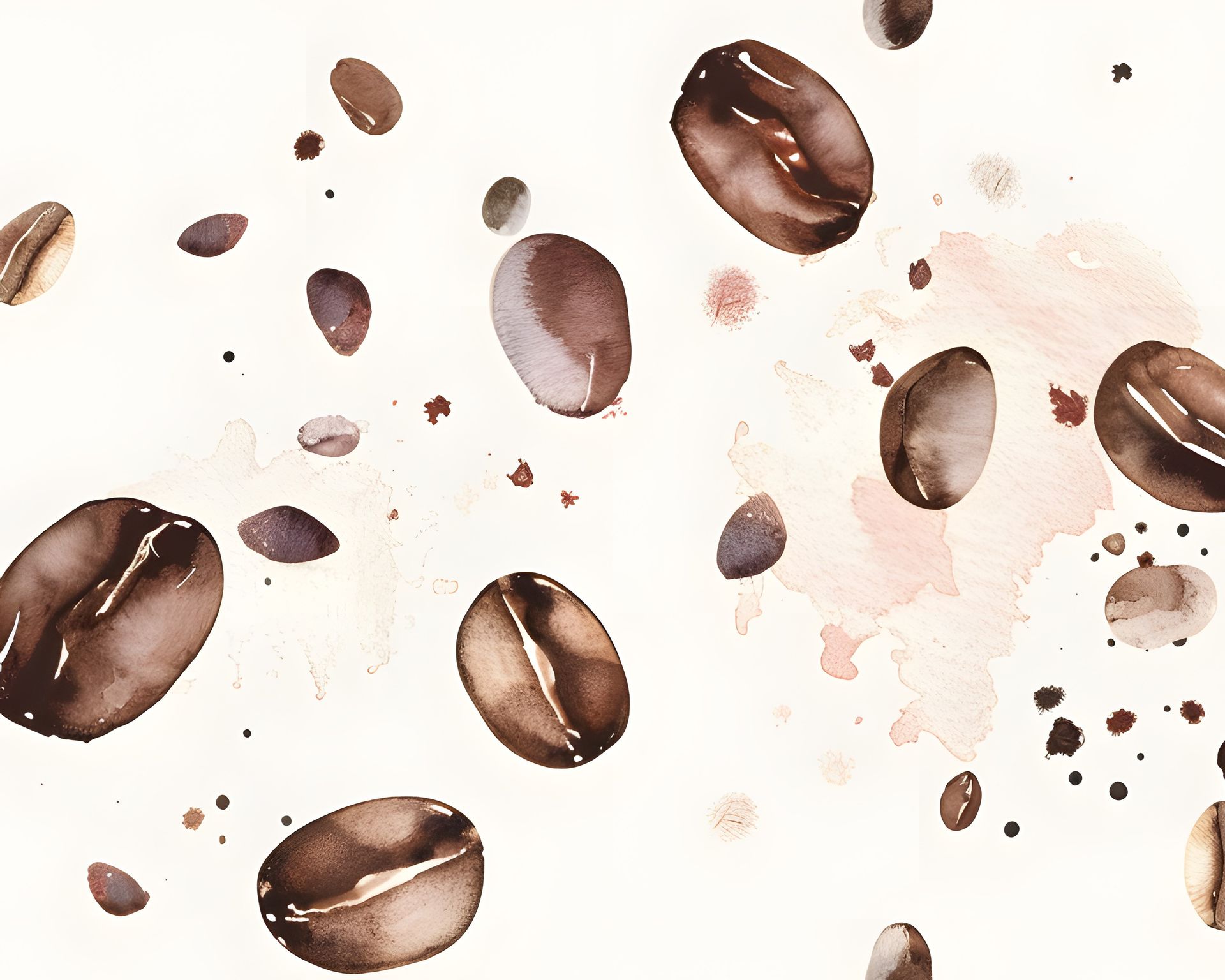 Illustration à l'aquarelle de grains de café bruns éparpillés sur un fond clair.