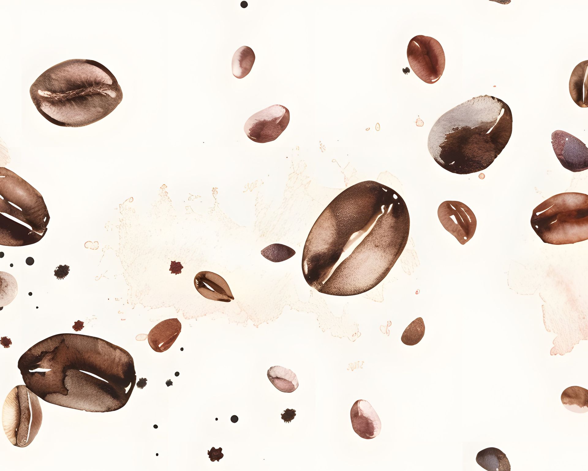 Motif aquarelle de grains de café bruns flottant sur un fond clair.