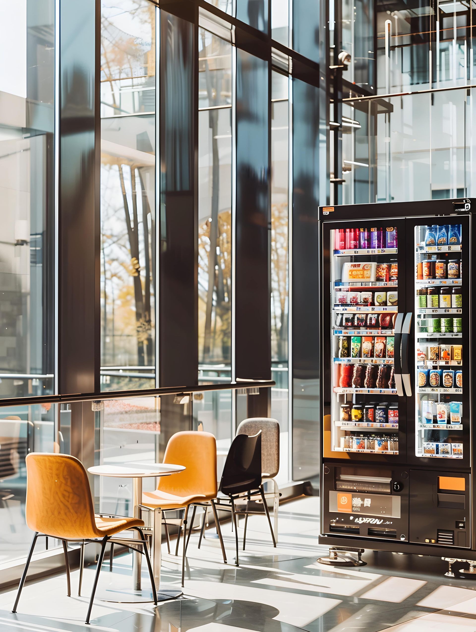 Un distributeur automatique noir rempli de boissons.