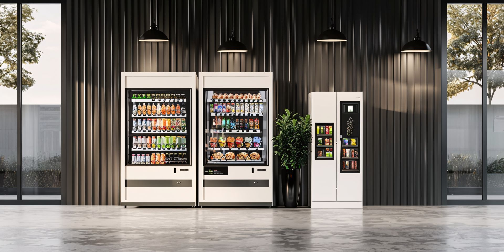 Dans une pièce lumineuse, deux grands distributeurs automatiques.
