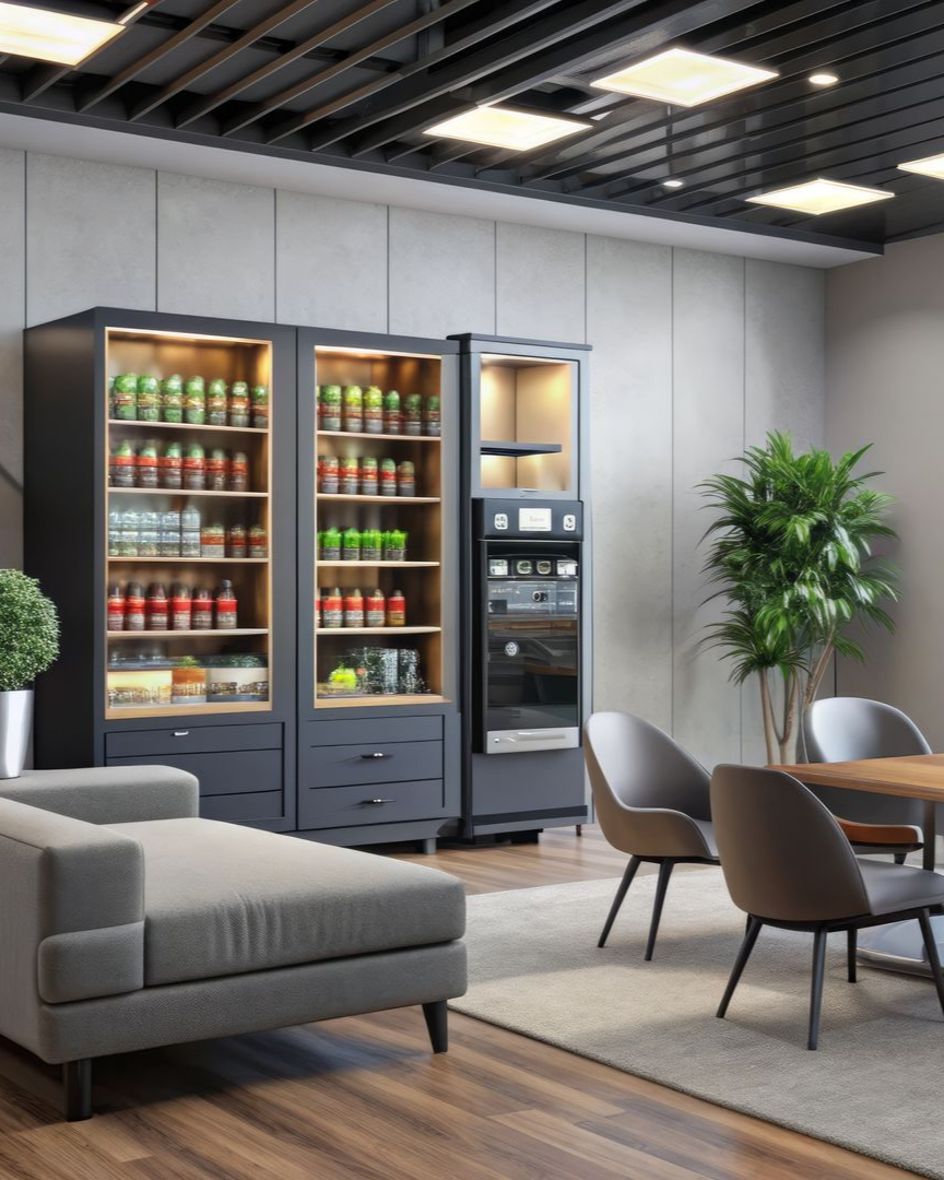 Un espace lounge moderne avec des étagères remplies de boissons.