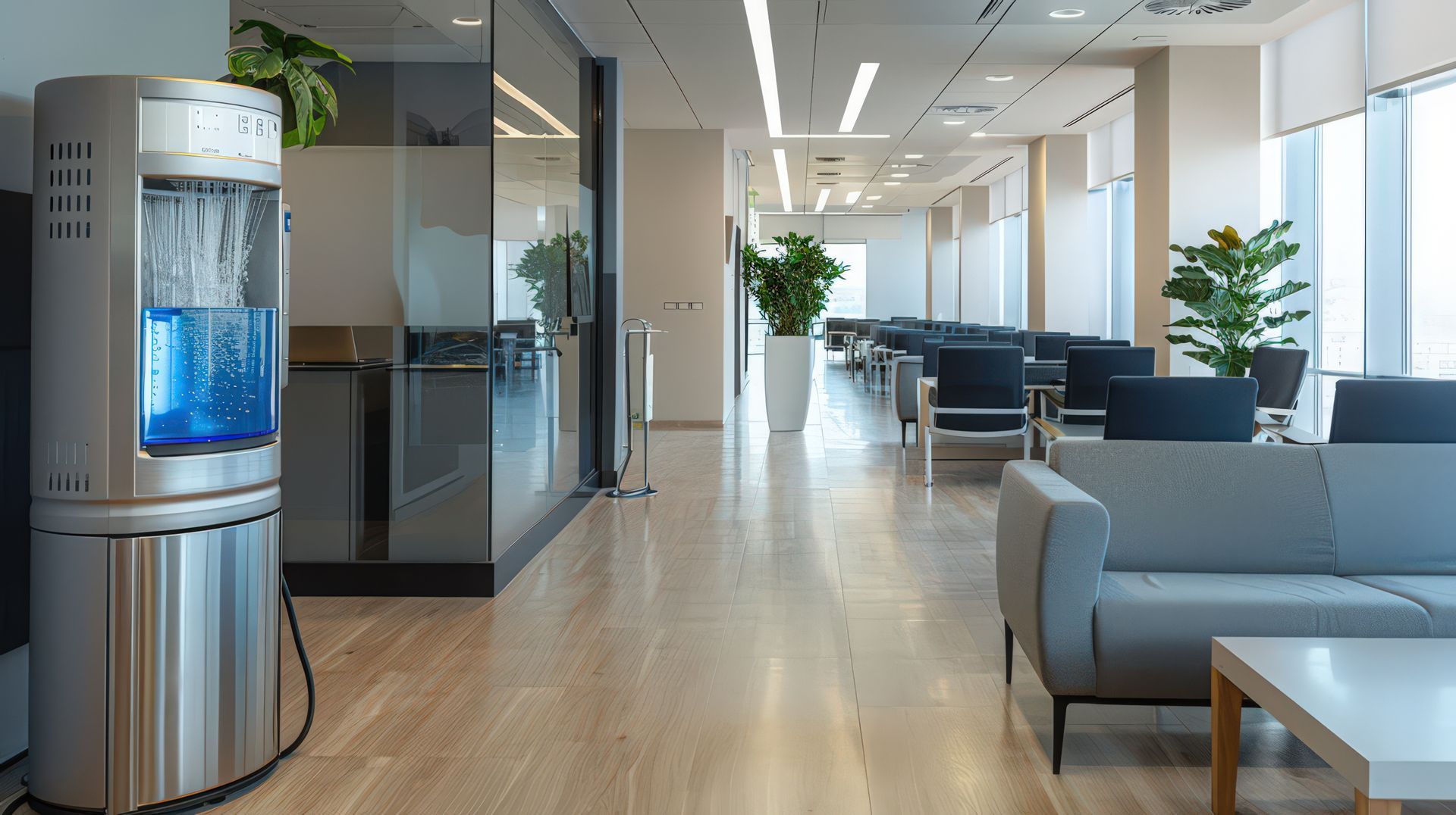 Un hall d'immeuble de bureaux moderne avec un distributeur d'eau.