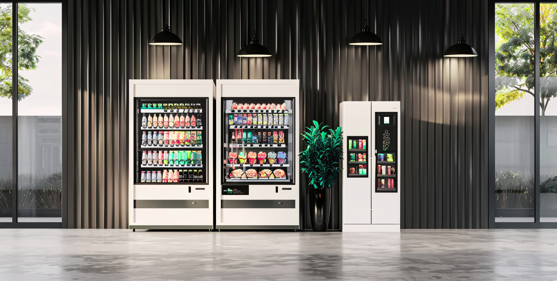 Trois distributeurs automatiques.