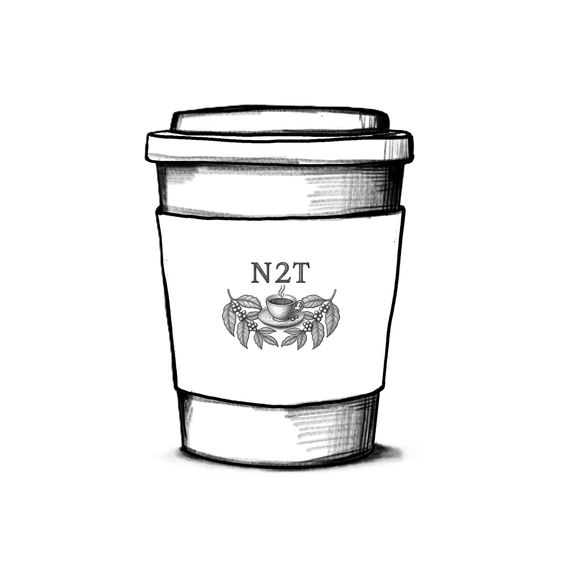 Un croquis en noir et blanc d'une tasse à emporter.