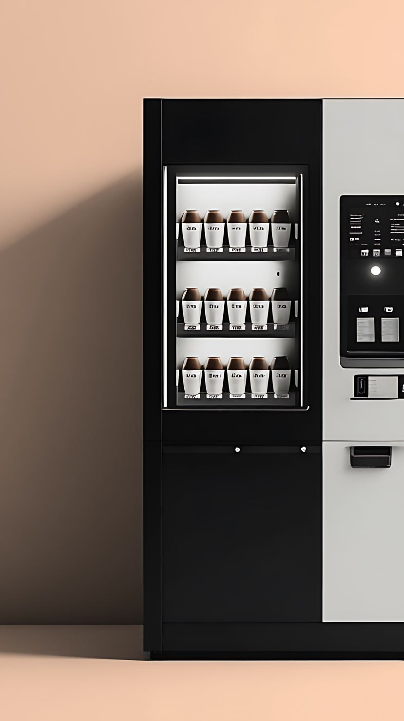 Une machine à café professionnelle en noir et blanc avec une vitrine présentant des rangées de boissons en bouteille.