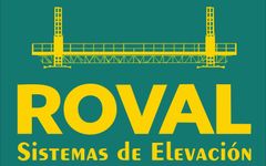 Logo amarillo de ROVAL Sistemas de Elevaci&oacute;n sobre fondo verde azulado, con dibujo de estructura elevadora.