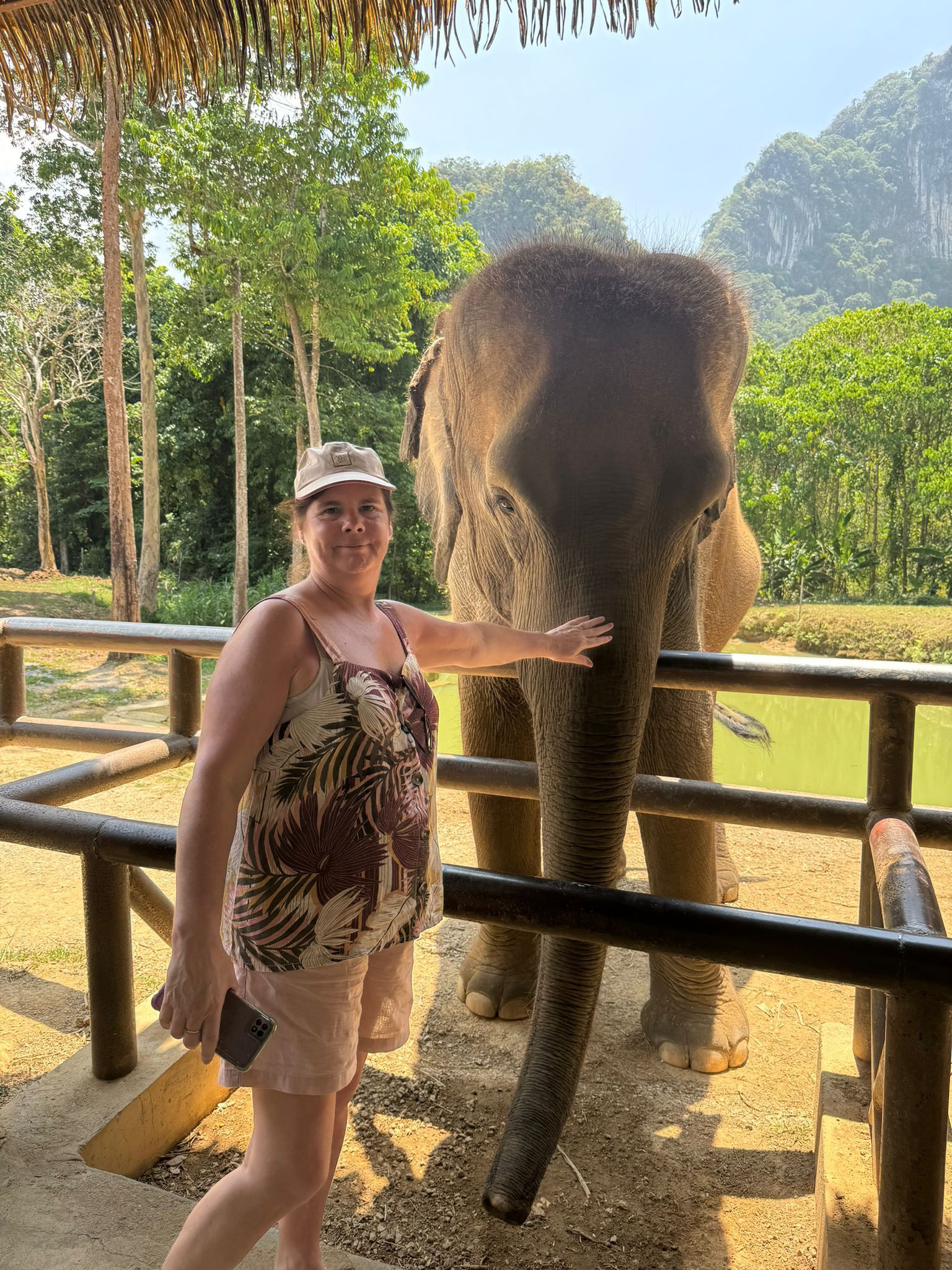 A woman is standing next to an elephant in a fenced in area.