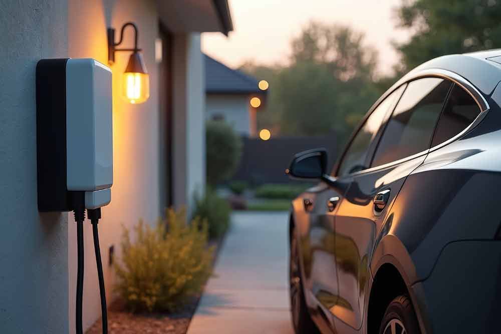 Ein Auto wird an einer Ladestation außerhalb eines Hauses aufgeladen.