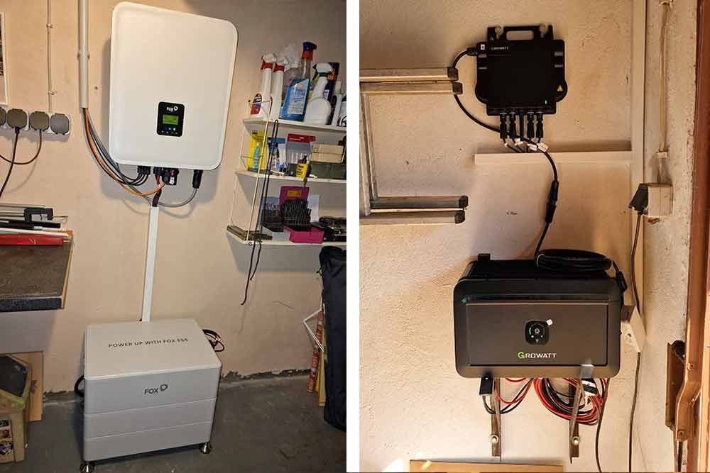 Zwei Bilder eines Solarpanels und einer Batterie in einer Garage.