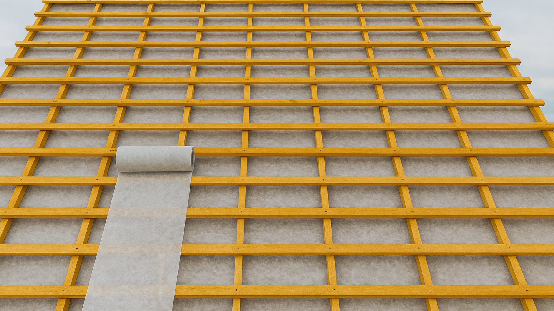 Construction du toit : ossature en bois jaune avec isolation et pose d'un rouleau de sous-couche blanche.