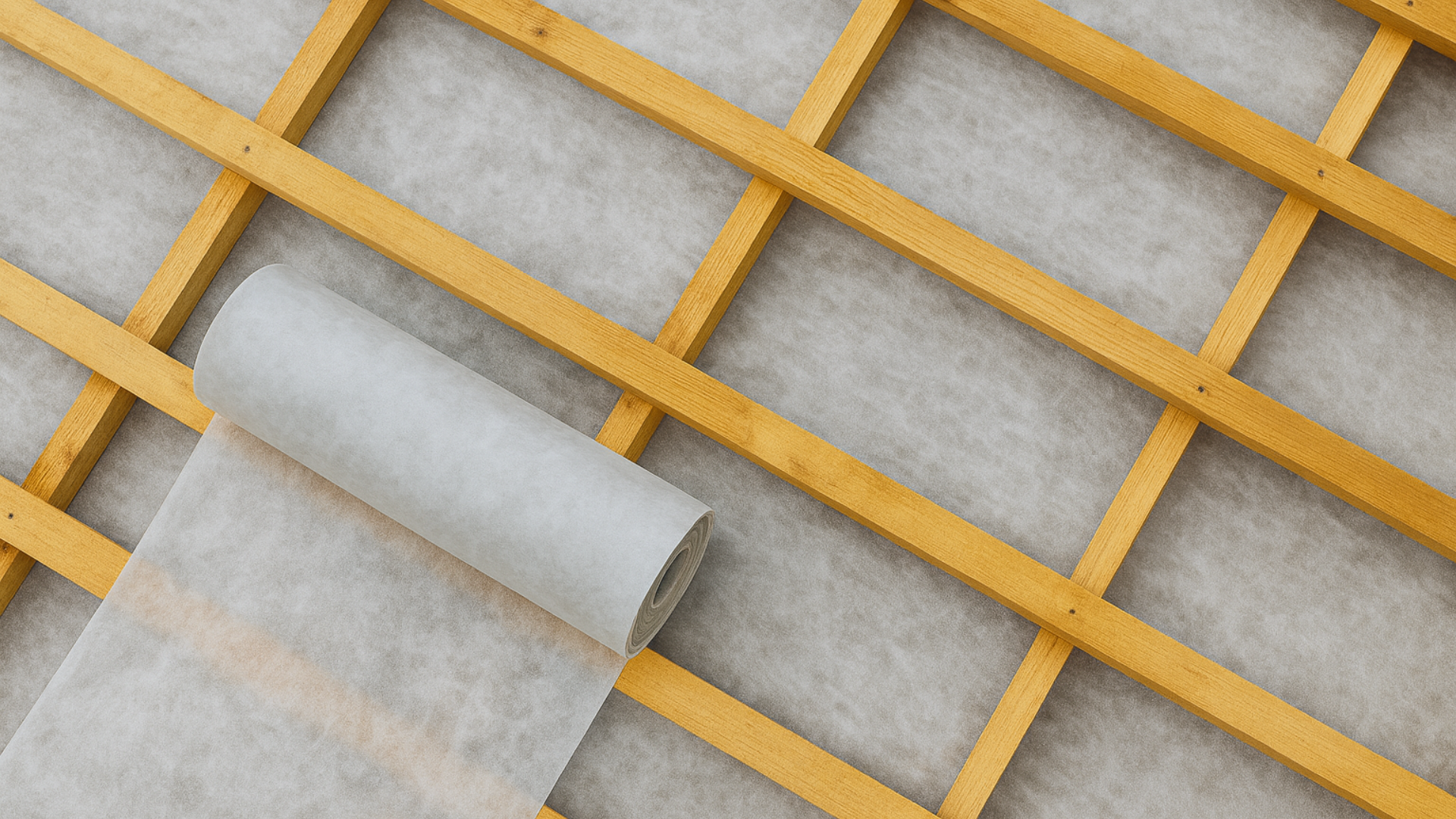 Structure en treillis de bois avec isolation en cours de déroulement.