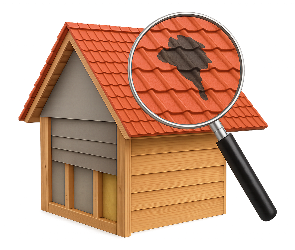 Une loupe regarde le toit d'une maison.