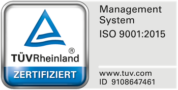 Ein blau-weißes Logo mit der Aufschrift Managementsystem ISO 9001 2015