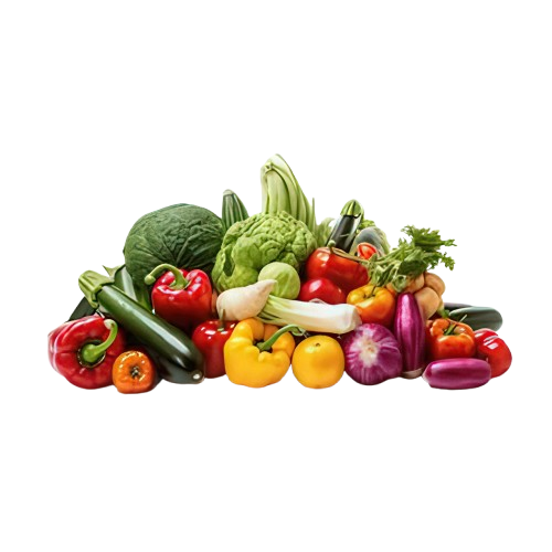 Un montón de verduras están colocadas una encima de otra sobre un fondo blanco.