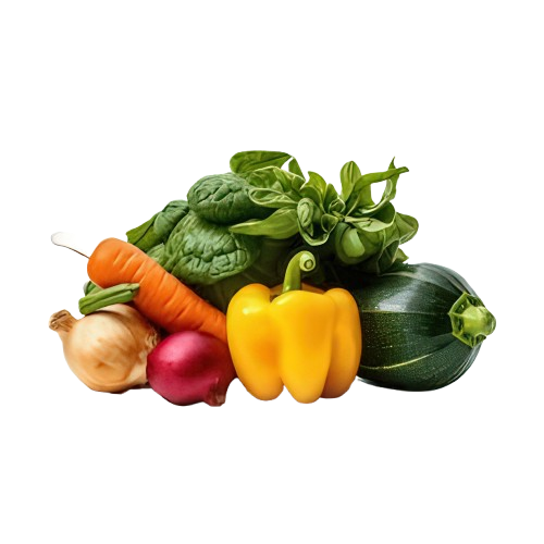 Un montón de verduras que incluyen zanahorias, pimientos, cebollas, calabacines y espinacas sobre un fondo blanco.