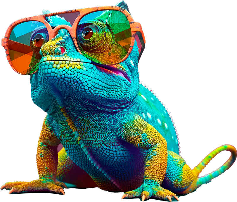 Mascotte représentant un caméléon coloré.