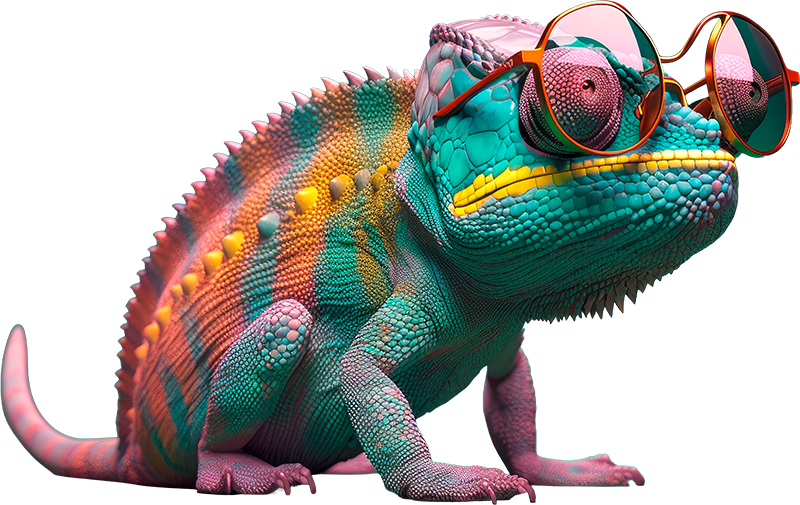 Mascotte colorée représentant un caméléon.