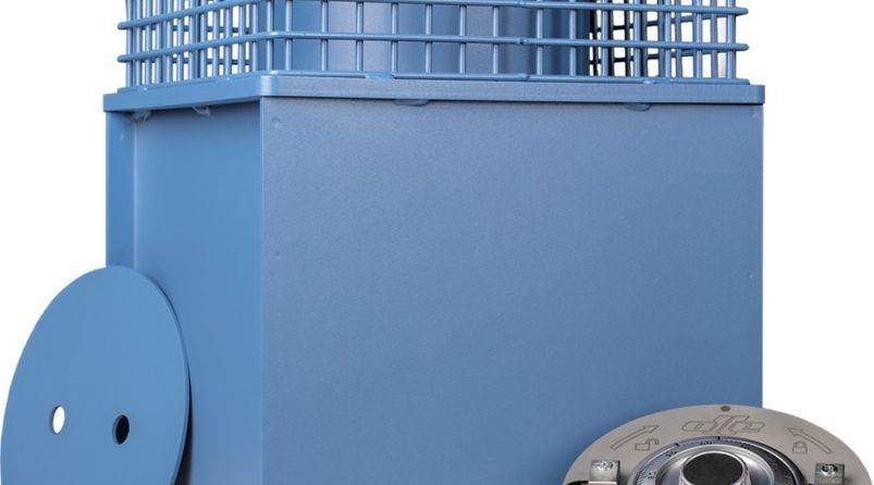 Maquinaria industrial de color azul con una parte superior en forma de jaula, un disco lateral y una parte metálica sobre un fondo blanco.