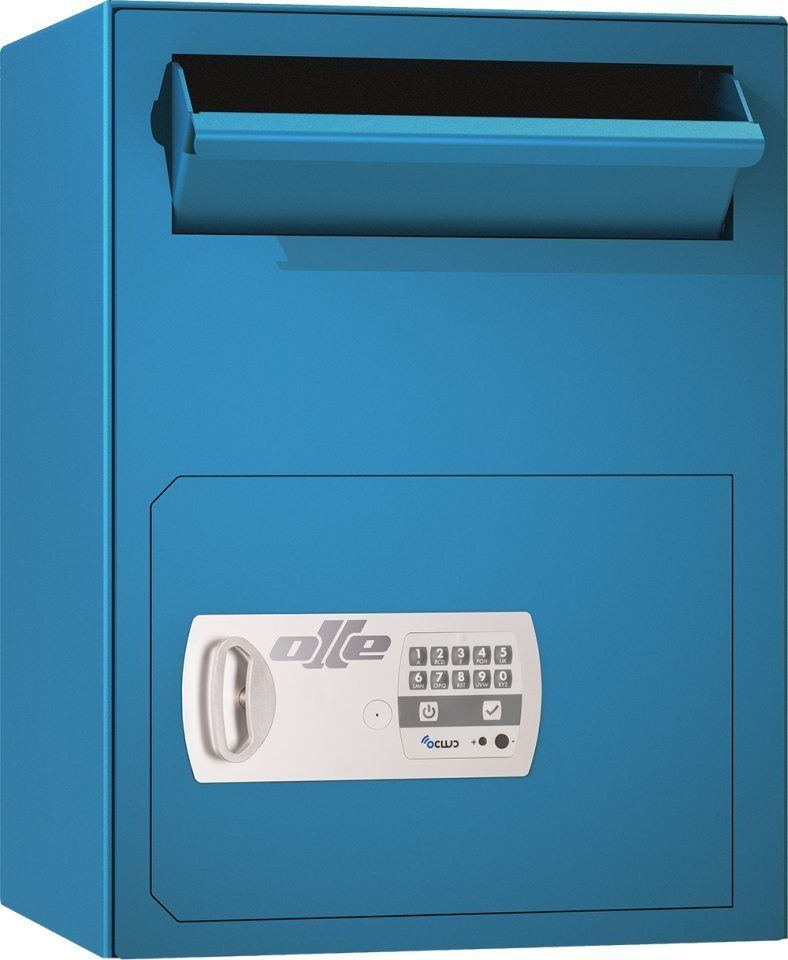 Caja fuerte de color azul con teclado digital y ranura de apertura.