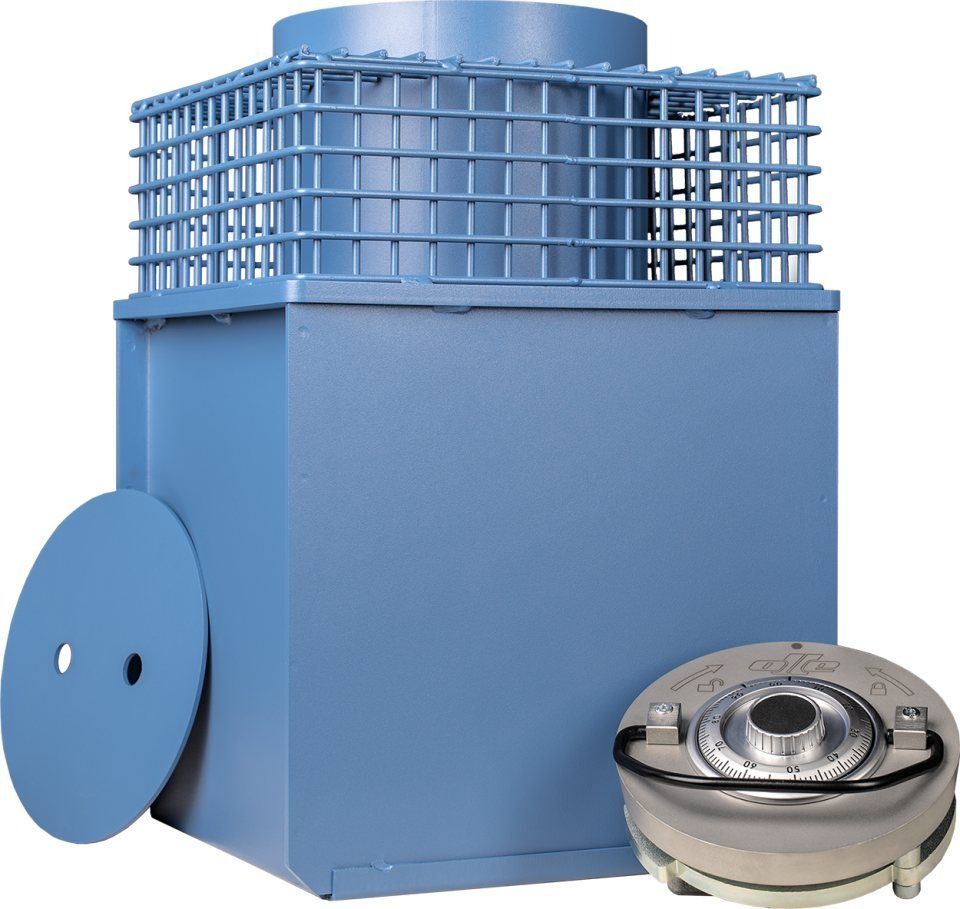 Dispositivo industrial azul con tapa de jaula, disco y un componente.