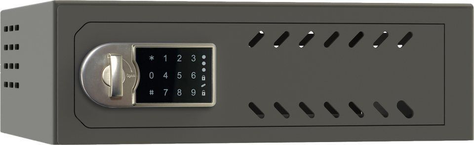 Una caja fuerte larga, de color gris oscuro, con teclado digital y cerradura en la puerta, y ranuras de ventilación.