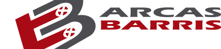 Logotipo de Arcas Barris, empresa, con diseño y texto en color rojo y gris.