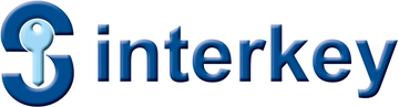 Ein blaues Logo für S Interkey auf weißem Hintergrund