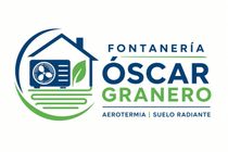 Logo de Fontaner&iacute;a &Oacute;scar Granero con casa, grifo y hojas en azul y verde