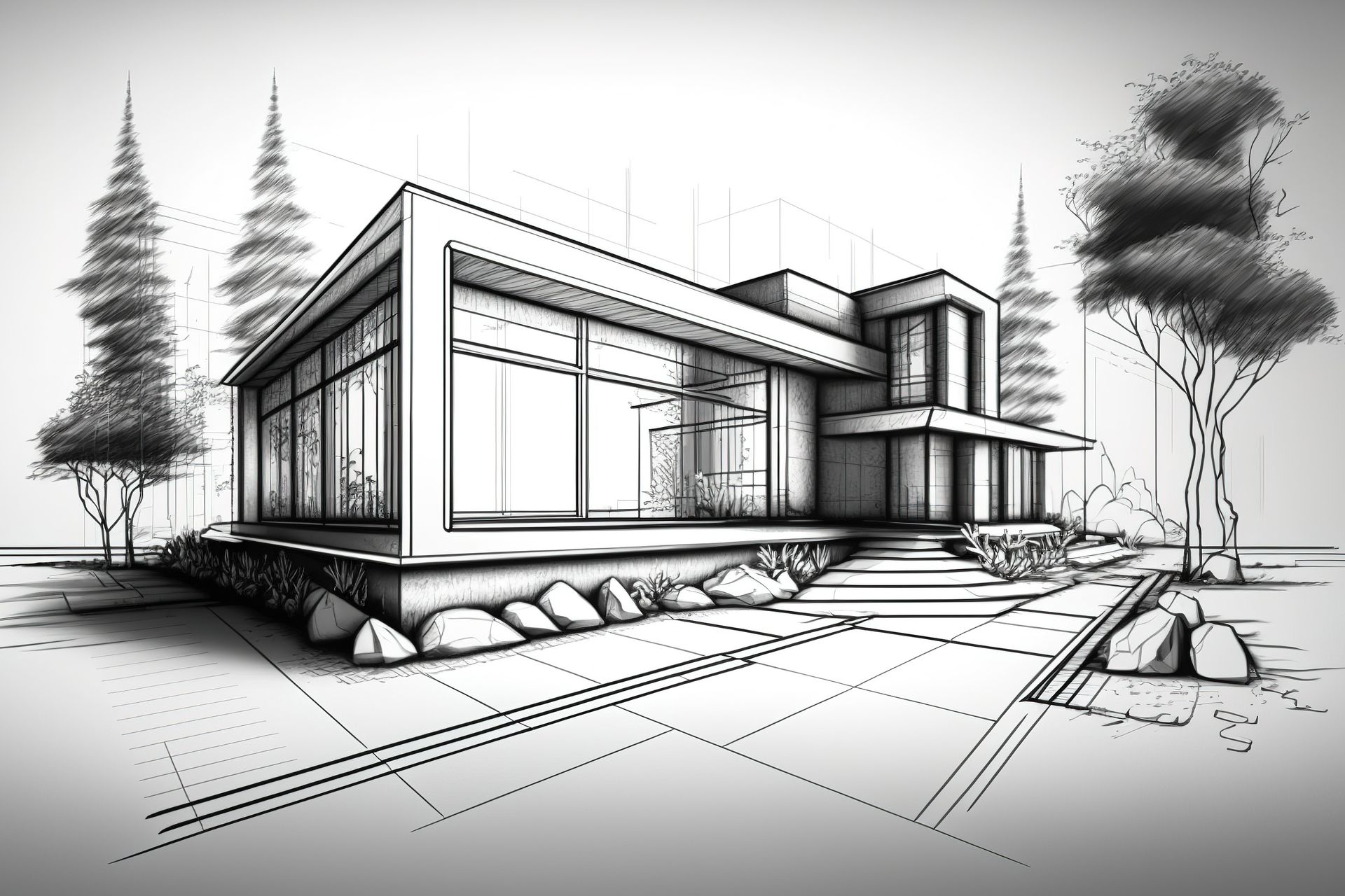 ein Schwarz-Weiß-Zeichnung eines modernen Hauses