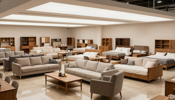 Una sala de exposición de muebles amplia y bien iluminada que ofrece una variedad de sofás, camas.