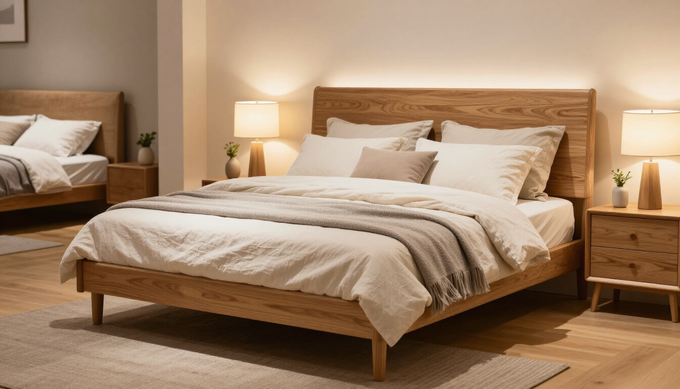 Un dormitorio moderno con una cama de madera clara, ropa de cama en tonos neutros, mesitas de noche.