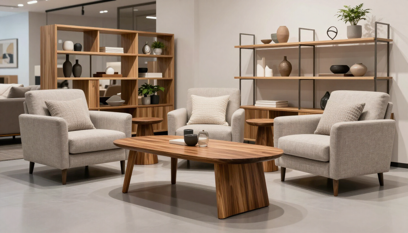 Tres sillones tapizados en color beige dispuestos alrededor de una mesa de centro de madera en una moderna.