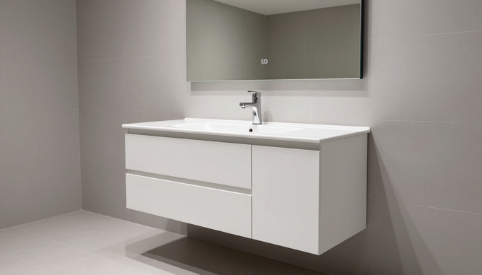 Un moderno tocador blanco de pared con dos cajones y un armario lateral, rematado con un lavabo.