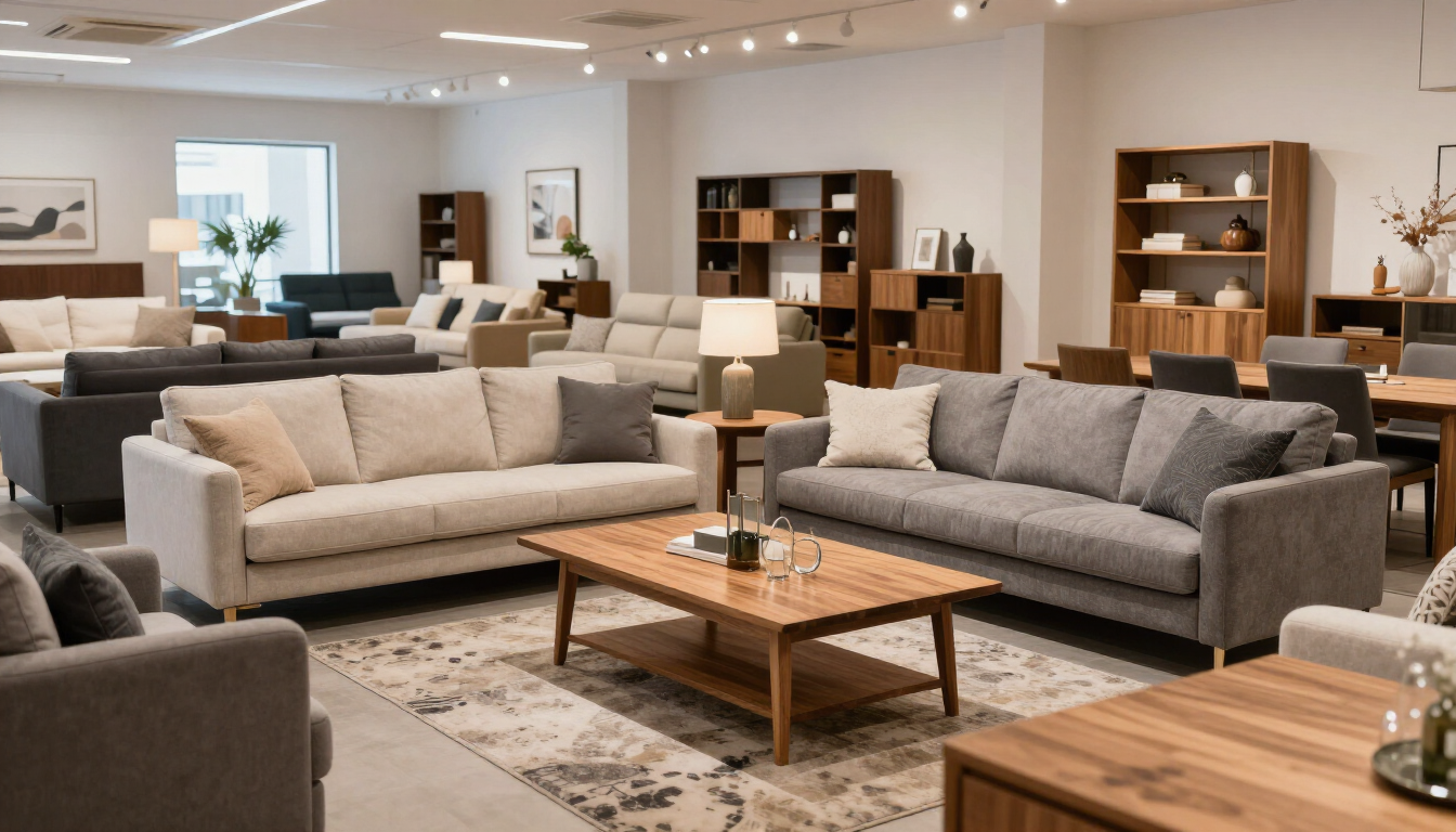Una sala de exposición de muebles bien iluminada que muestra varios sofás modernos, mesas de centro de madera.